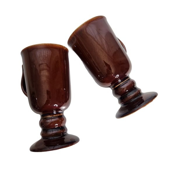 Two Irish Coffee Mugs Footed Pedestal Base Hall Mugs Ceramic USA Brown - Picture 7 of 7